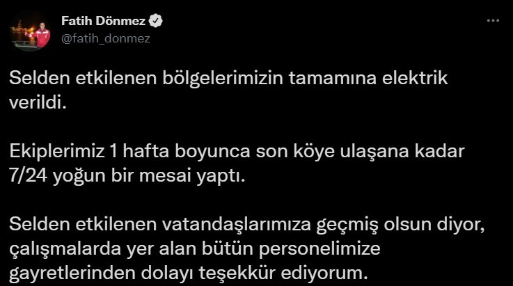 Bakan Dönmez, selden etkilenen bölgelerin tamamına elektrik verildiğini duyurdu