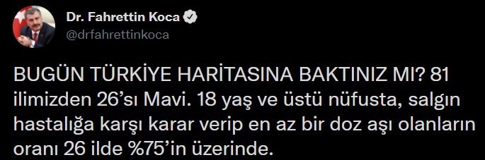 Bakan Koca 26 ilin aşı haritasında maviye döndüğünü duyurdu