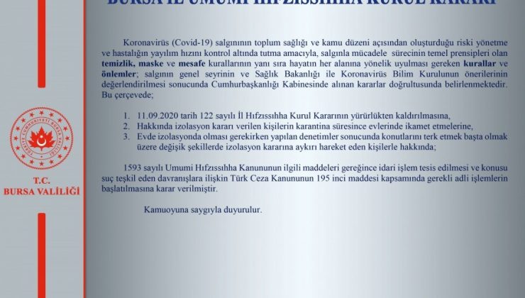 Bursa Valiliği’nden İl Hıfzıssıhha Kurulu açıklaması