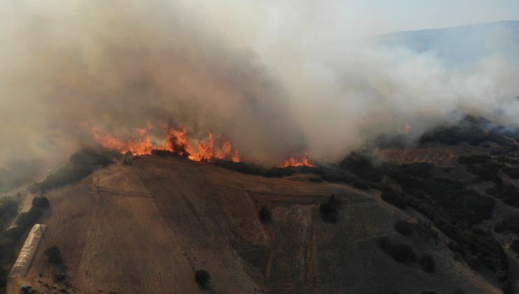 Denizli’de 4 saattir devam eden yangın havadan görüntülendi