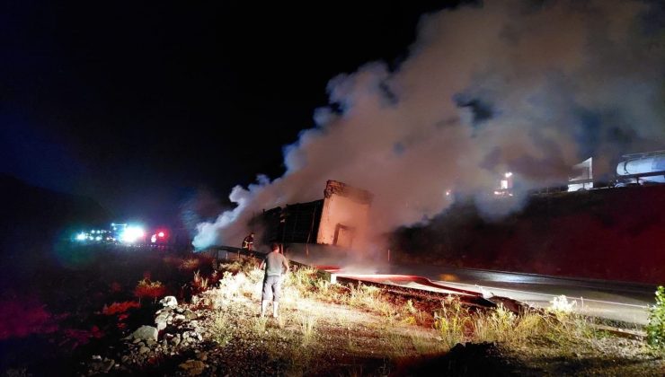 Erzincan’da tomruk yüklü tır alev alev yandı