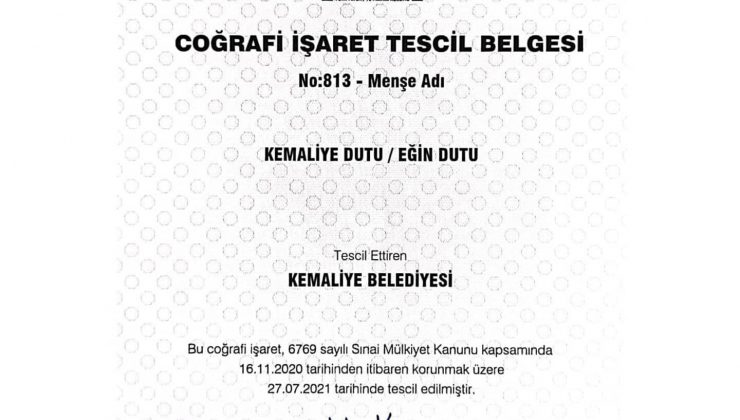 Kemaliye dutu coğrafi işaret aldı