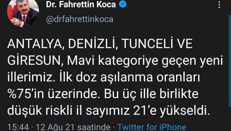 Sağlık Bakanı Koca, Denizli’nin risk haritasında Mavi’ye döndüğünü açıkladı