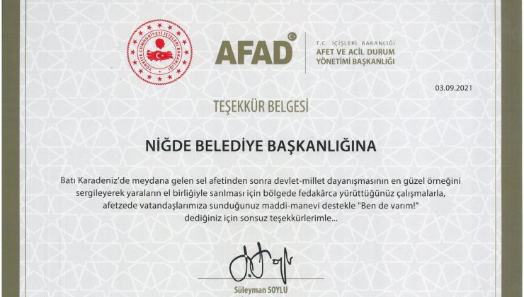 Süleyman Soylu’dan Niğde Belediyesi’ne Teşekkür