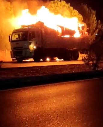 Tomruk yüklü kamyonun dorsesi alev aldı