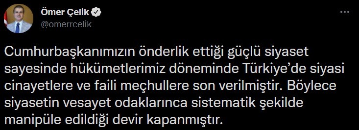AK Parti Sözcüsü Çelik: “Siyasi cinayet spekülasyonları ilkesiz ve utanç verici bir sorumsuzluktur”