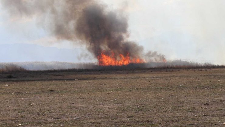Beyşehir Gölü Milli Parkı kıyısındaki sazlıklar alev alev
