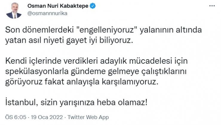 AK Parti İl Başkanı Kabaktepe’den İmamoğlu’na cevap: “En iyi bildiği iş engelleniyoruz bahanesi”