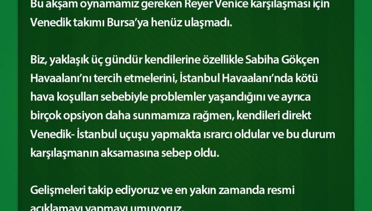 Frutti Extra Bursaspor’un rakibi Reyer Venice Bursa’ya ulaşamadı
