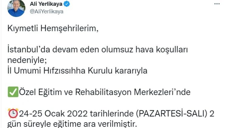Özel eğitim ve rehabilitasyon merkezlerinde 2 gün eğitime ara verildi